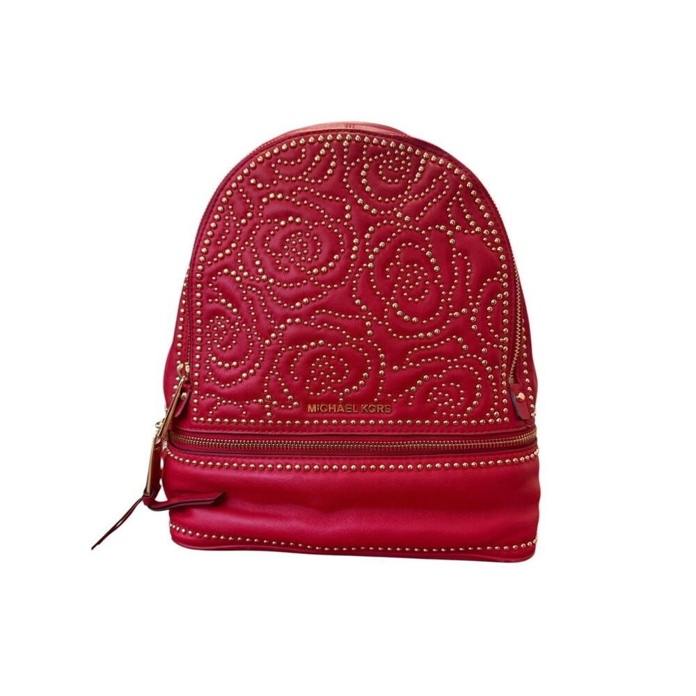 Michael Kors Rhea Medium Rose Studded Bright Red Leather Convertible Backpack